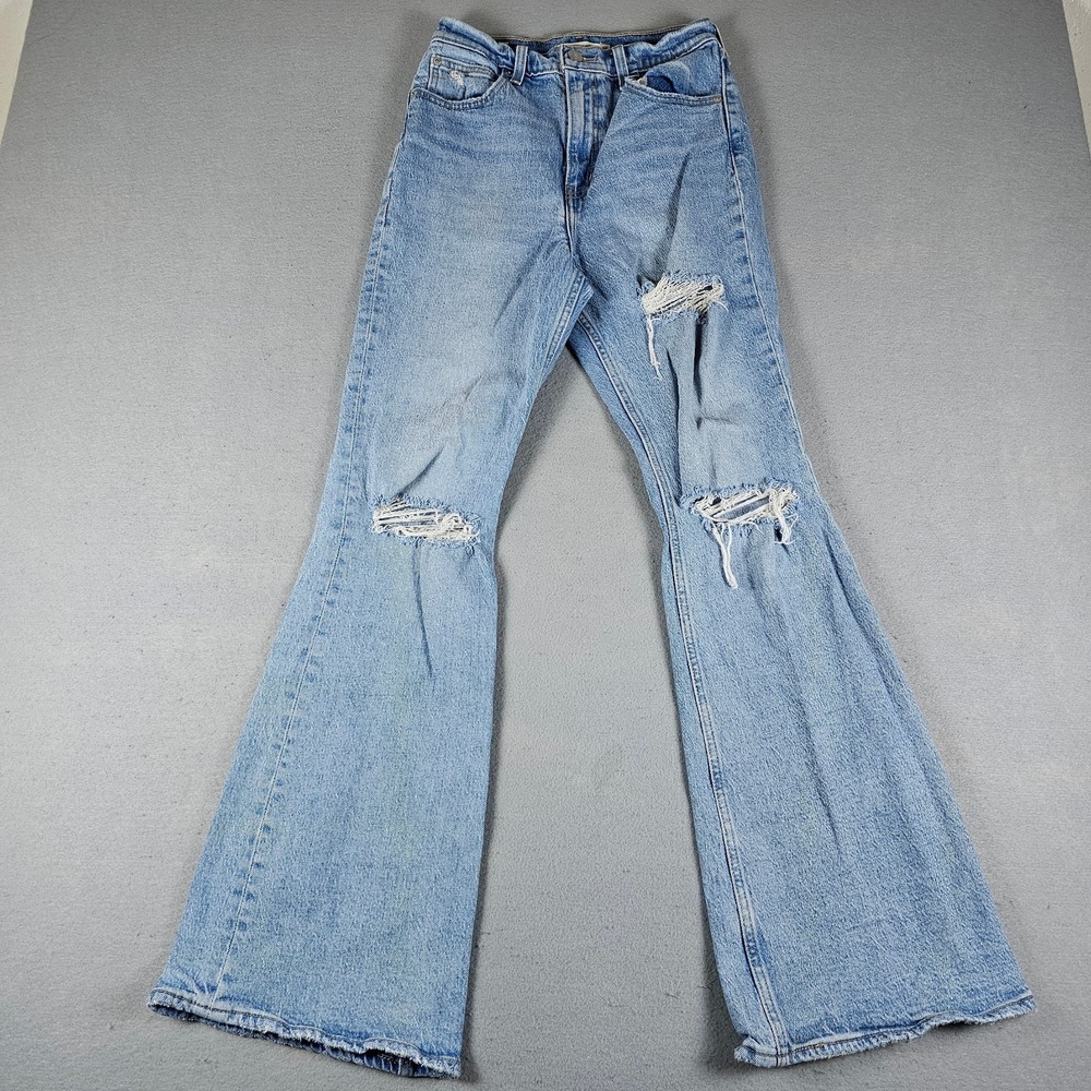 Levis Premium 70s High Flare Jeans Womens 26 Blue Denim Light Wash Distressed